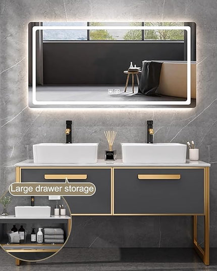 Double Floating Bathroom Vanity with Sink - Luxury Wall-Mounted Bathroom Vanity | High-Definition Smart Mirror Includ LED & Defog Mirror, Elegant Style (60IN)