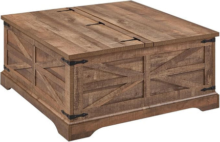 JXQTLINGMU Farmhouse Lift Top Coffee Table with Storage, 36" Wood Square Center Table with Large Hidden Compartment, Rustic Lift Tabletop Dining Table for Home Living Room, Light Brown
