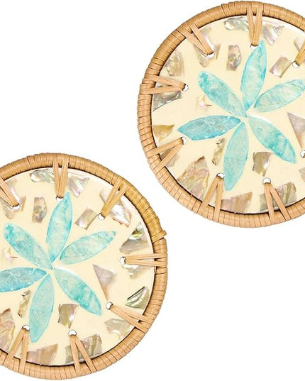 uxcell 2Pcs Handmade Woven Rattan Coasters, Heat-Resistant Drink Coasters for Coffee Table Dining Room Kitchen Coffee Wine Decor, Light Blue Petal