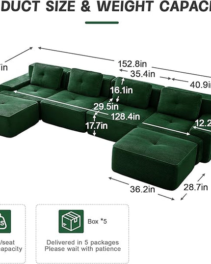 Hommoo Oversized Modular Sectional Sofa, 7 Seat Sleeper Sofa Bed, Comfy Corduroy Couch with Deep Seat, 153”Convertible Boneless Couch with Ottoman for Living Room No Assembly Required Green