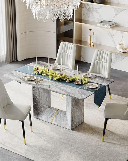 Dinner Table Set for 4, 5 Piece Dining Table Set with Chairs, 63" Faux Marble Modern Table with 4 PU Leather Upholstered Chairs, for Kitchen & Dining Room