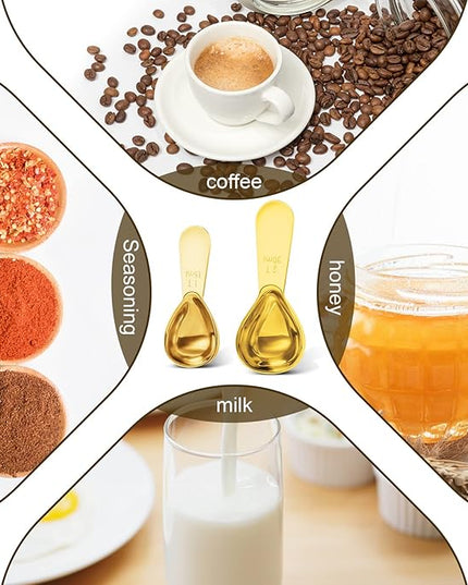 Stainless steel coffee scoop 2-piece set (1 tbsp, 2 tbsp) durable Tablespoon, ergonomic measuring spoon, Suitable for small and large jars，short-handled spoon (Gold)