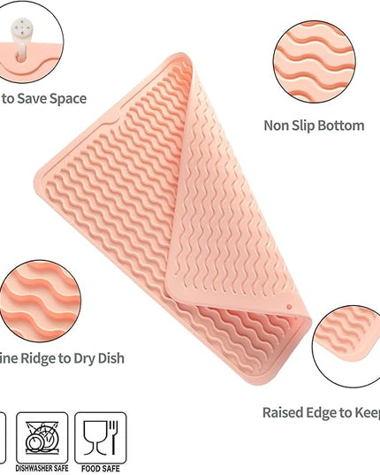 Silicone Dish Drying Mat for Multiple Usage,Easy clean,Eco-friendly,Heat-resistant Silicone Mat for Kitchen Counter or Sink,Refrigerator or drawer liner Pink L 16 inches x 12 inches