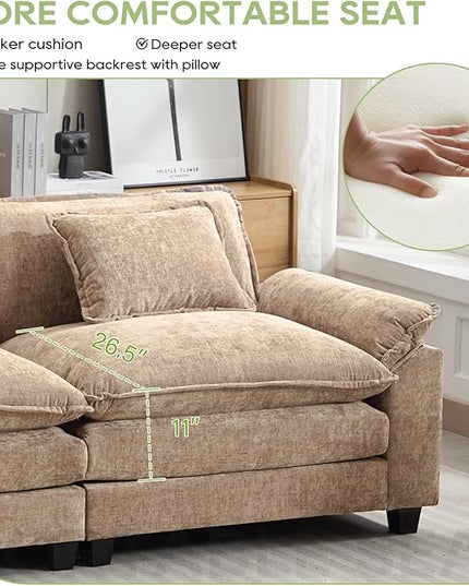 86" Modular Sectional Sofa, Comfy Cloud Couch Sectional Sofa with Ottoman, Chenille Sofa Sleeper Deep Seat Sofa with Throw Pillows for Living Room (Khaki, 86"- L Shape)