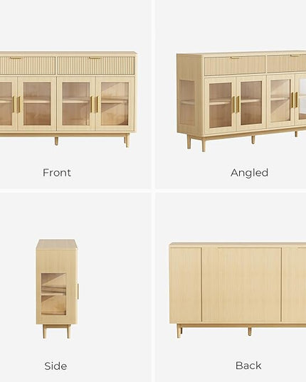 IRONCK 59'' Sideboard Buffet Cabinet with Drawers, Modern Kitchen Storage Cabinet with Adjustable Shelves and Tempered Glass Doors, Wood Coffee Bar for Kitchen, Living Room, Oak
