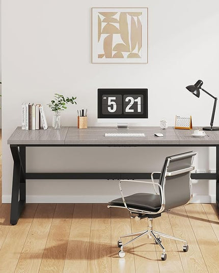 IBF 70 Inch Large Home Office Desk, Industrial Long Executive Work Writing Study Computer Table, Farmhouse Big Metal Wood Double Desk for Bedroom Living Room, Rustic Dual Monitor Desk, Light Grey