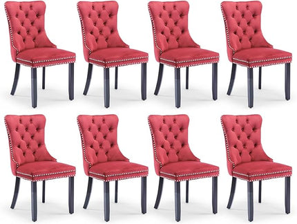 SoarFlash Velvet Dining Chair Set of 8, Upholstered Tufted Dining Room Chair with Nailhead Trim and Solid Wood Leg for Kitchen (Wine Red)