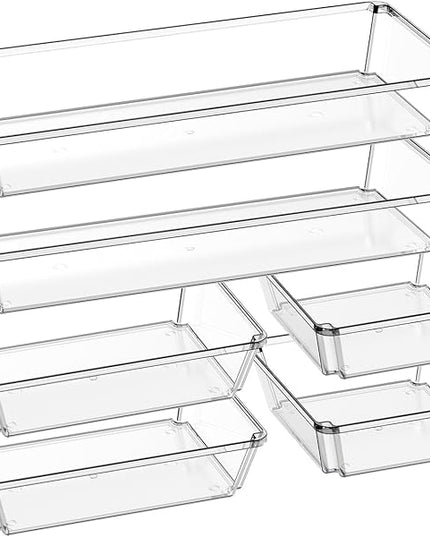 6 Pack Large Clear Plastic Drawer Organizer Trays, Desk Drawer Organizers and Storage Dividers, Non-Slip Storage Bins for Jewelry, Snacks, Office, Bathroom, Bedroom and Kitchen