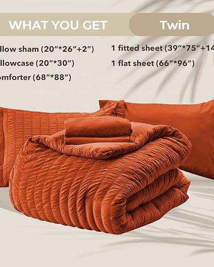HYMOKEGE Burnt Orange Twin Comforter Set Seersucker 5 Pieces, All Season Luxury Bed in a Bag for Bedroom, Bedding Set with Comforters, Sheets, Pillowcase & Sham