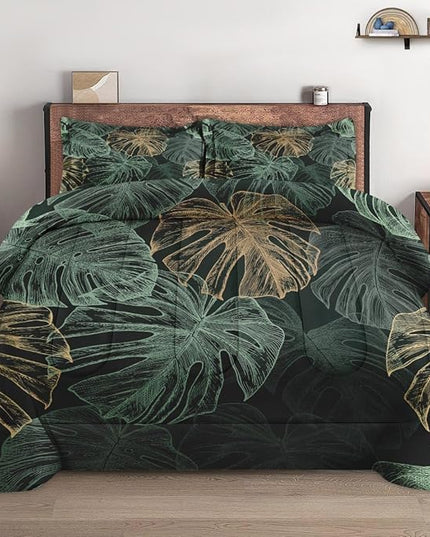 Twin Size Comforter Set with Pillowcase, Green Tropical Leaves 2 Pcs Bedding for Kids and Adults, Monstera Palm Leaf Soft Comforter Set for Bedroom Bed Decor