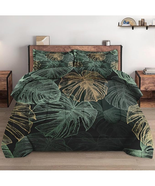 Twin Size Comforter Set with Pillowcase, Green Tropical Leaves 2 Pcs Bedding for Kids and Adults, Monstera Palm Leaf Soft Comforter Set for Bedroom Bed Decor