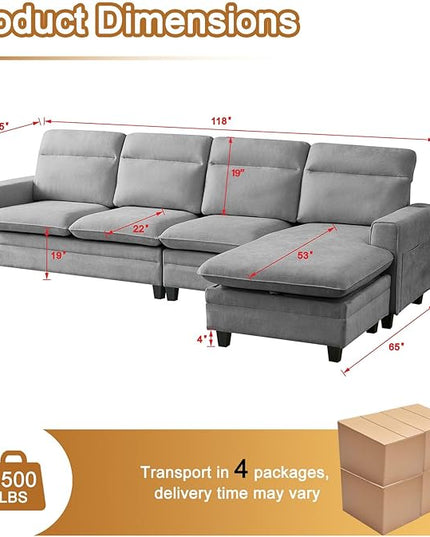 118 Inch Sectional Sofa Couch,L Shaped Couch with Chaise,Cheille Modular Sectional Sofa for Living Room.（LightGray）