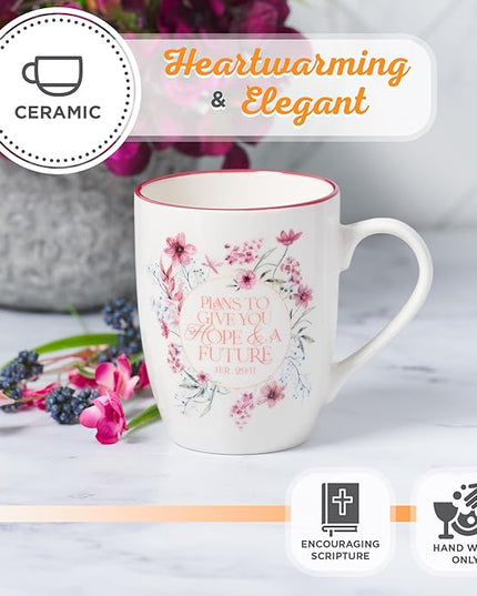 Christian Art Gifts Inspirational Ceramic Coffee & Tea Scripture Mug for Women: Hope & a Future Encouraging Bible Verse, Microwave & Dishwasher Safe Novelty Drinkware, Dark Rose Pink Floral, 12 oz.