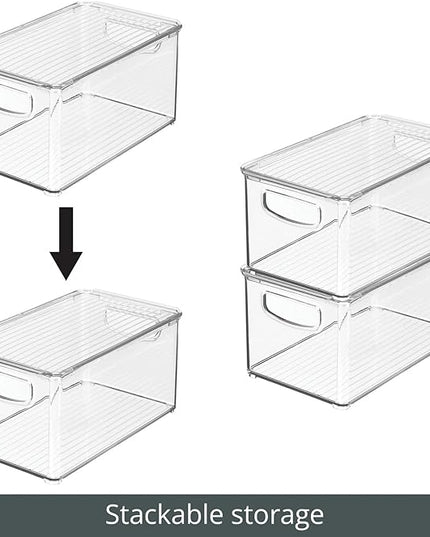 mDesign Plastic Deep Storage Bin Box Container with Lid and Built-In Handles - Organization for Fruit, Snacks, or Food in Kitchen Pantry, Cabinet, or Cupboard, Ligne Collection, 2 Pack, Clear