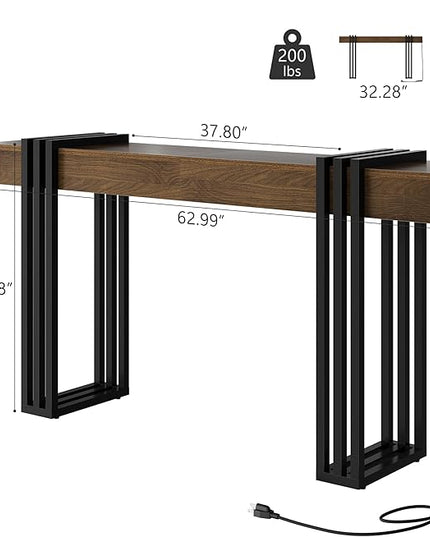 63" Long Console Table for Entryway - Behind Couch Table for Living Room, Wood Sofa Tables with Black Parallel Metal Frame & Power Outlet for Hallway, Entrance, Narrow Foyer, Walnut