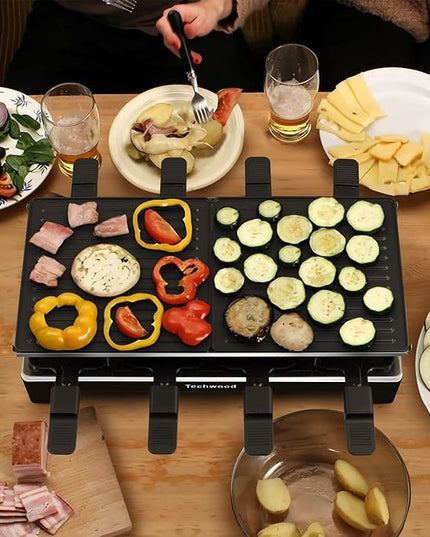 Raclette Grill, Techwood Electric Table Indoor Grill Korean BBQ Grill, Removable 2-in-1 Non-Stick Grill Plate, 1500W Fast Heating with 8 Cheese Melt Pans, Ideal for Parties and Family Fun