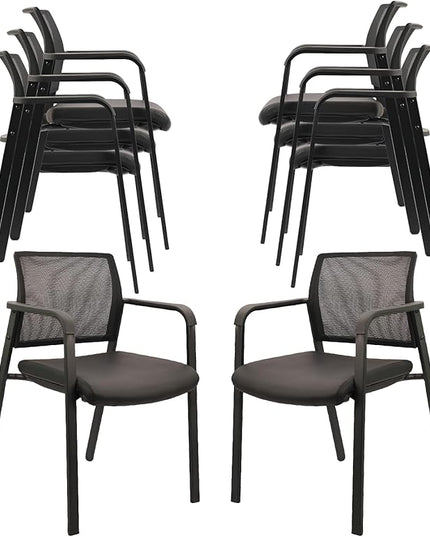 CLATINA Stackable Office Chair, Mesh Back Guest Chairs with Comfortable Leather Seat Arms Stacking Ergonomic Desk Chair No Wheels for Conference Waiting Reception School Stationary, Black, Set of 8