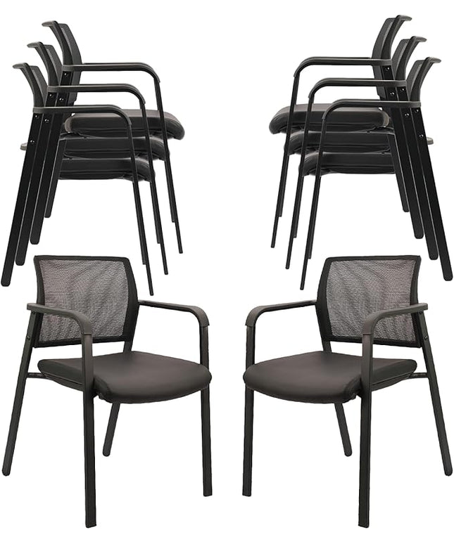 CLATINA Stackable Office Chair, Mesh Back Guest Chairs with Comfortable Leather Seat Arms Stacking Ergonomic Desk Chair No Wheels for Conference Waiting Reception School Stationary, Black, Set of 8