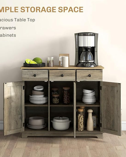 HOMCOM Sideboard with Solid Wood Countertop, Modern Kitchen Storage Cabinet, Coffee Bar Cabinet with 3 Drawers, Doors and Adjustable Shelf, Distressed Gray