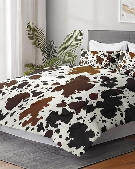 King Size Comforter Set with 2 Pillowcases, Vintage Cow Brown Cowhide Animal Soft 3 Pcs Bedding for Kids and Adults Bedroom Bed Decor