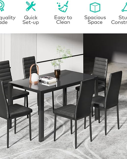 Gizoon Glass Dining Table Sets for 6, 7 Piece Kitchen Table and Chairs Set for 6 Person, PU Leather Modern Dining Room Sets for Home, Kitchen, Living Room
