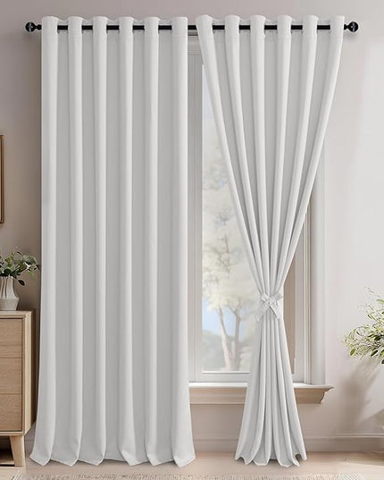JIUZHEN Greyish White Blackout Curtains with Tiebacks Thermal Insulated, Light Blocking and Noise Reducing Grommet Curtains for and Living Room, Set of 2 Window Curtain Panels, 70 x 96 Inch Length