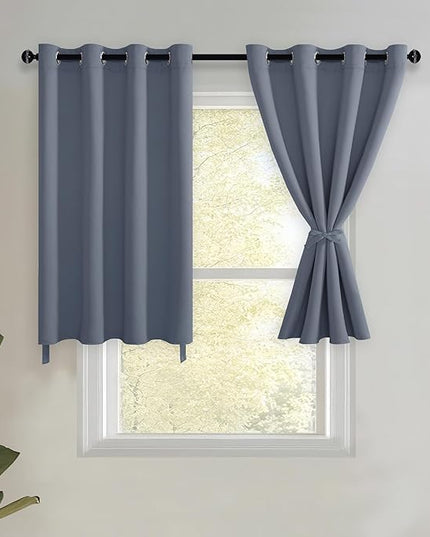 JIUZHEN Short Curtains Kitchen Half Window Blackout Curtains with Tiebacks for Baseroom Shadows, Grommet Curtains for Living Room, Set of 2 Window Curtain Panels, 52 x 36 Inch Length，Dusty Blue