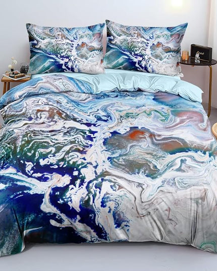 Abstract Art Duvet Cover Set King Size Blue with Pink Creative Hand Painted Pattern Comforter Covers Fashion Marble Bed Set Abstract Deco