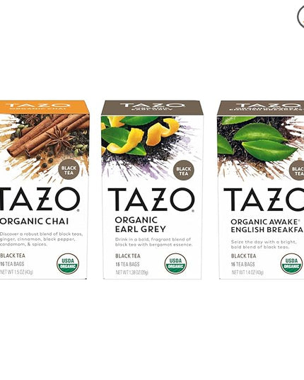 TAZO Tea Bags, Regenerative Organic: Chai Black Tea, Awake English Breakfast Black Tea, & Earl Grey Tea 16 CT (1ea) (Variety Pack)