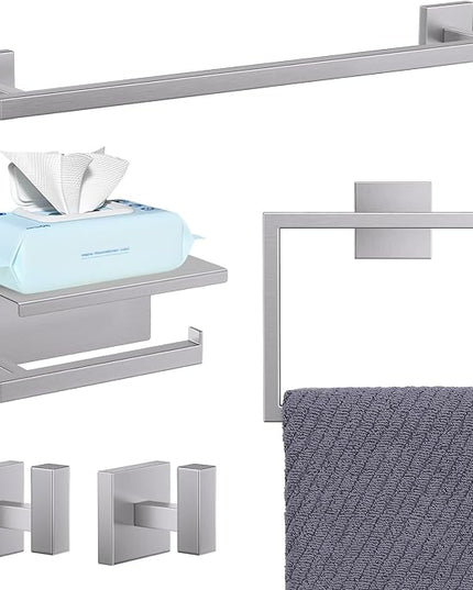 YACVCL 5-Pieces Brushed Nickel Bathroom Hardware Accessories Set Towel Bar Set Upgraded Toilet Paper Holder with Shelf Stainless Steel Wall-Mounted Bathroom Hardware Set 23.6 Inch