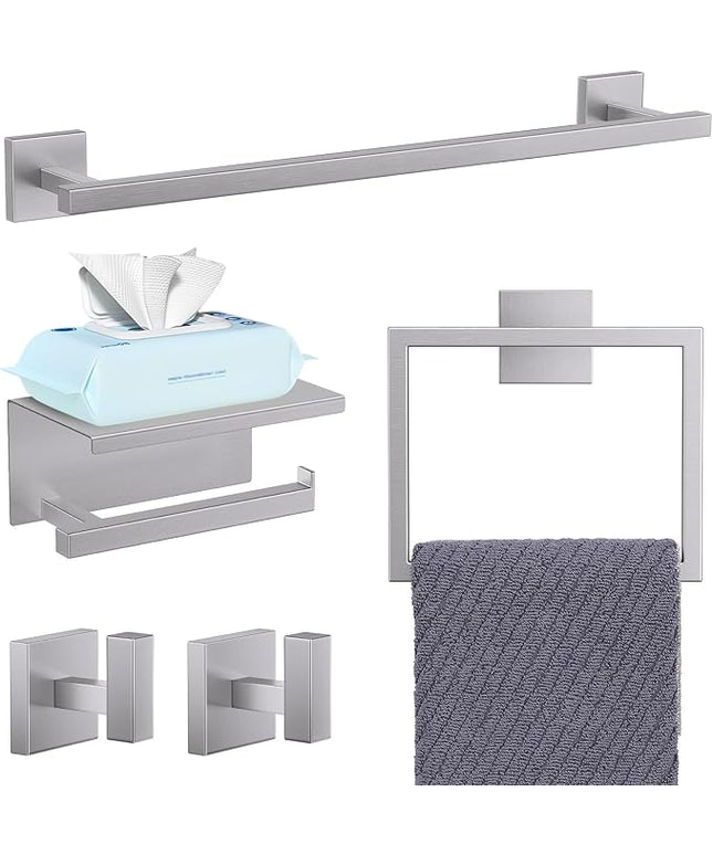 YACVCL 5-Pieces Brushed Nickel Bathroom Hardware Accessories Set Towel Bar Set Upgraded Toilet Paper Holder with Shelf Stainless Steel Wall-Mounted Bathroom Hardware Set 23.6 Inch