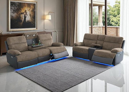 Power Recliner Sofa and Loveseat Set, Living Room Furniture, Fabric Reclining Sectional Couches with Drop-Down Table, Reclining Sofa with Cup Holders/Storage Console for House