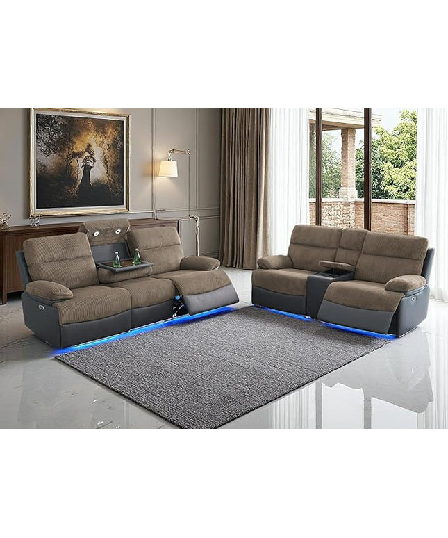 Power Recliner Sofa and Loveseat Set, Living Room Furniture, Fabric Reclining Sectional Couches with Drop-Down Table, Reclining Sofa with Cup Holders/Storage Console for House