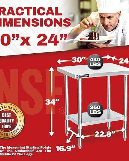 DuraSteel 30x24 Small Stainless Kitchen Island - NSF Outdoor Grill Work Station with Under Shelf - Metal Microwave Stand - For Laundry Room, Kitchen, Garage, Restaurant