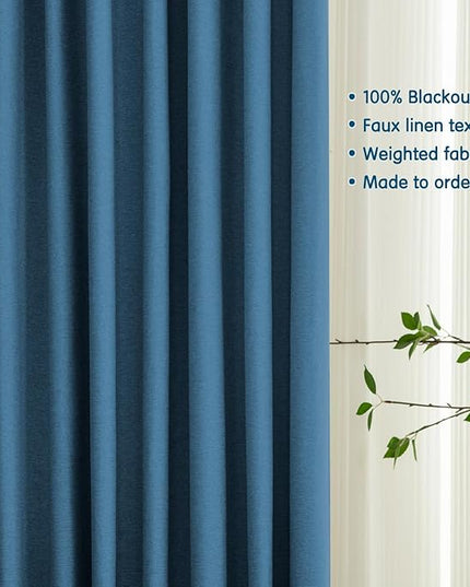 LETAU Pinch Pleats Navy Linen Texture Curtains 96 inches Long, 100% Blackout Privacy Window Curtains Panels Drapery, 84" W x 96" L, 2 Panels