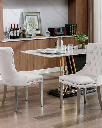 60" Glass Dining Table Set for 4, Modern Dining Room Table Set for 4, Silver X-Shape Pedestal Glass Table with 4pcs Beige Dining Chairs, 5 Piece Dining Set for Dining Living Room