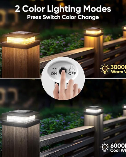 Solar Post Cap Lights: 6 Pack 4x4 Solar Powered Fence Lights for Wooden Vinyl Deck Lamp Post - 96 LEDs 2 Modes Warm & Cool White - Outdoor Waterproof Modern Classic Porch Lighting