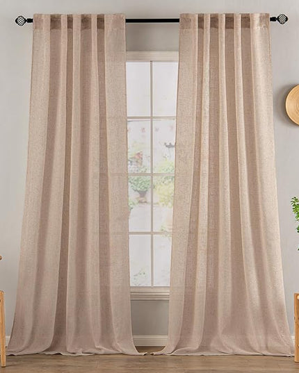 MIULEE Natural Beige Linen Curtains 108 Inches Long 2 Panels for Bedroom Living Room, Soft Linen Textured Window Drapes Semi Sheer Light Filtering Back Tab Rod Pocket Farmhouse Burlap Look Decor