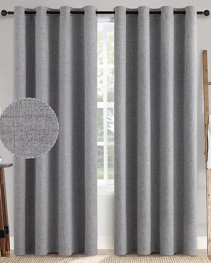 MIULEE Linen Textured 90 Inches Curtains for Bedroom 100% Blackout Thermal Insulated Grey Curtains Grommet Room Darkening Luxury Decor for Living Room Nursery 52 x 90 Inch (2 Panels)