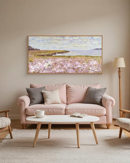HOURIA Watercolor Pink Floral Coastal Landscape Framed Canvas Wall Art Set,Nature Inspired Wildflower & Meadow Cottage Field Wall Decor,Modern Seaside Beach Artwork for Living Room,Farmhouse-20"x40"x1