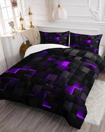 Geometric Violet Black Comforter Set,Light Honeycomb 3 Piece Bedding Set Twin Size for Teen Boys,Modern Bedding Quilt Set Geometry Decor,Microfiber Lightweight 1 Comforter 2 Pillowcases All Season