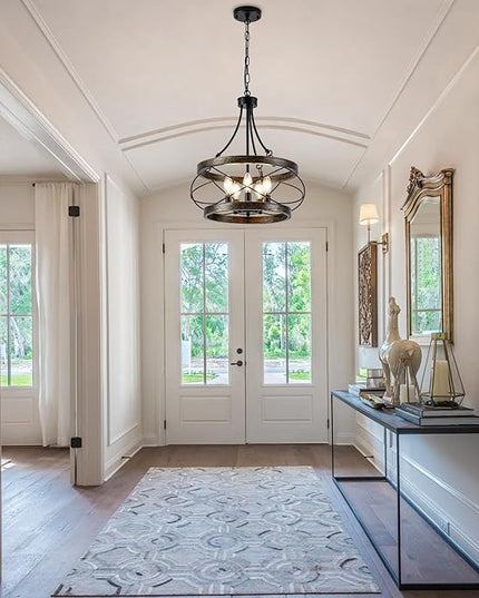 5-Light Farmhouse Chandelier, 17.72" Rustic Drum Dining Room Light Fixture, Bronze Chandeliers Hanging Pendant Lighting, Industrial Candle Chandeliers for Living Room Kitchen Entryway Bedroom