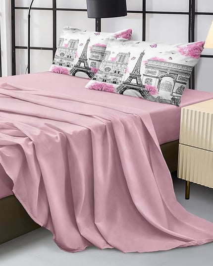 Bedbay 8 Pieces Pink Comforter Set Full Size Paris Bedroom Comforter Pink and Grey Comforter Set Full Bed in a Bag Eiffel Tower Beautiful Blossom Floral Paris Themed Bedroom Decor