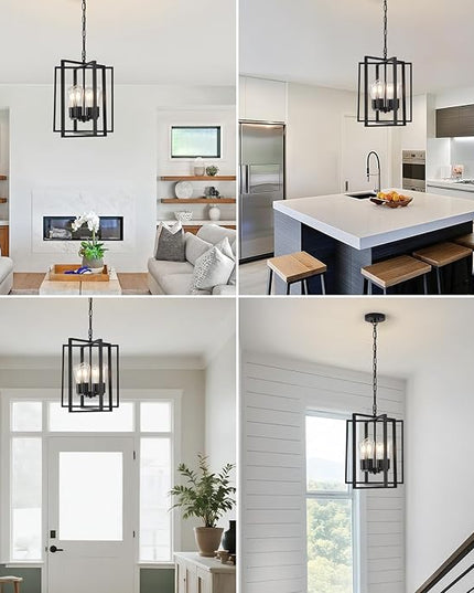 4 Light Modern Farmhouse Chandelier for Dining Room, Black Pendant Lights Fixtures for Kitchen Island, Foyer Lighting Fixtures High Ceiling for Entryway Hallway Living Room Bedroom