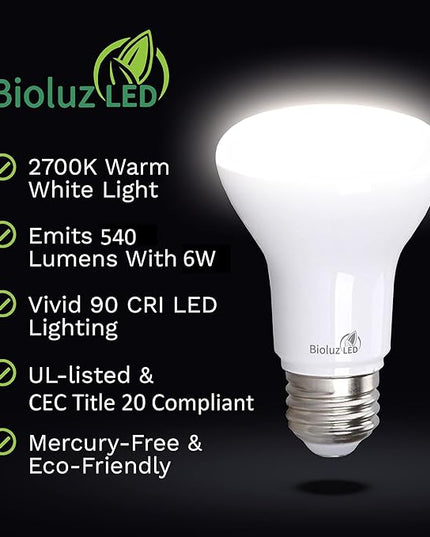 Bioluz LED Light Bulb BR20 Light Bulbs 2700K Bright Warm White LED Bulbs 6W=50W Replacement 90 CRI 540 Lumen Indoor/Outdoor UL Listed CEC Title 20 Compliant Home Decor LED Lights for Bedroom - 20 Pack