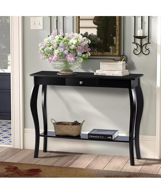 ChooChoo Narrow Console Table with Drawer, Chic Accent Sofa Table, Entryway Table, Black