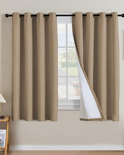 H.VERSAILTEX Linen Curtains 100% Blackout Curtains for Bedroom 63 inch Long Full Light Blocking Nature Linen Blended Window Curtains for Living Room Nickel Grommet (2 Panels, Heathered Macchiato)
