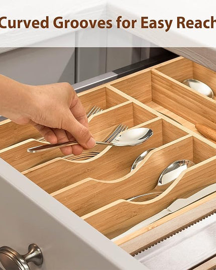 Umilife Kitchen Drawer Organizer, 12.5 Inch Silverware Utensil Tray Holder, Extra Deep, with Non-Slip Feet & Grooved Drawer Divider, 7 Slots Total Bamboo Wood Caddy for Flatware Cutlery Knives
