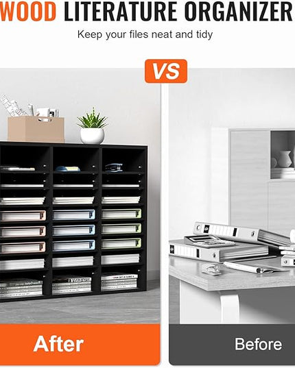 VEVOR Literature Organizers, 24 Compartments Office Mailbox with Adjustable Shelves, Wood Literature Sorter 29x12x24.4 inches for Office, Home, Classroom, Mailrooms Organization, EPA Certified Black