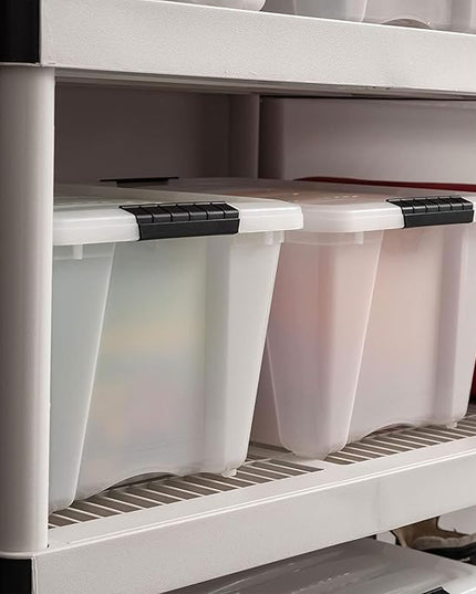IRIS USA 32 Qt Stackable Plastic Storage Bins with Lids, 4 Pack - BPA-Free, Made in USA - Discreet Organizing Solution, Latches, Durable Nestable Containers, Secure Pull Handle - Pearl